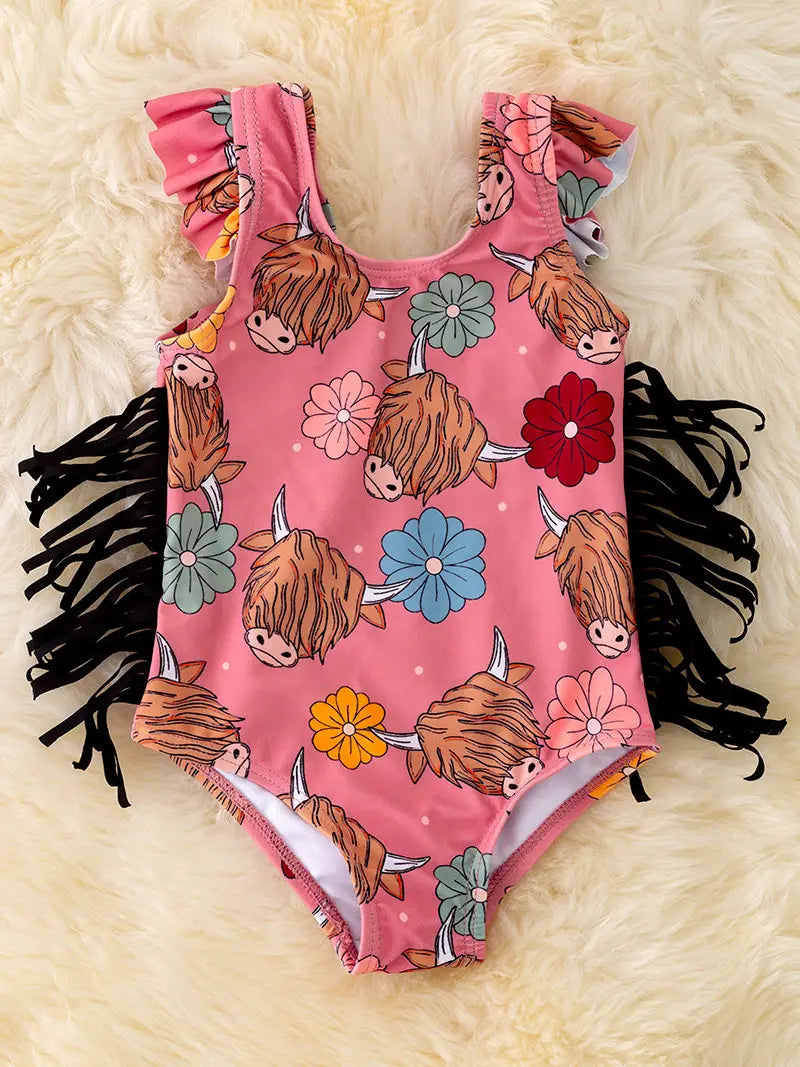Highland Cow + Fringe Swimsuit